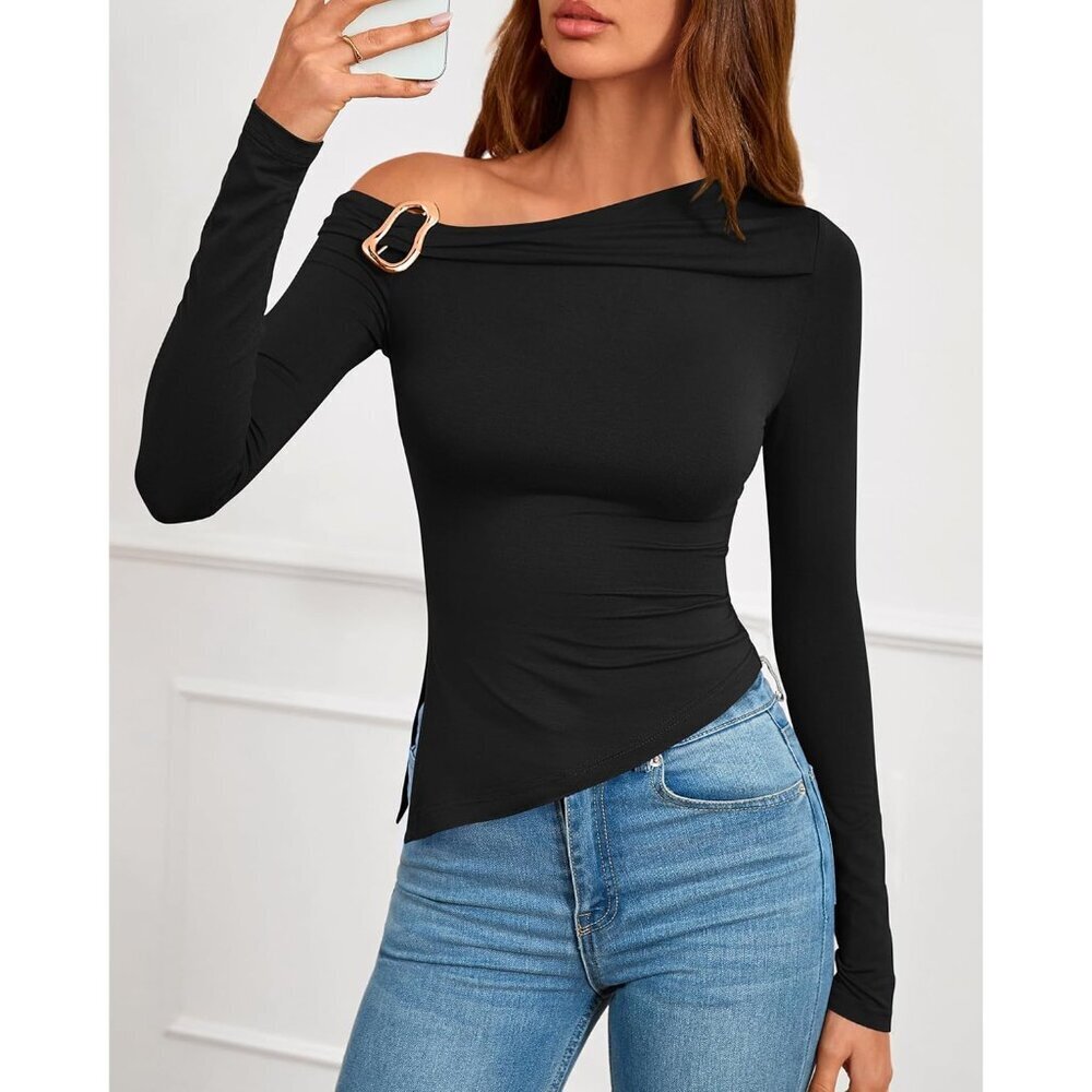 Women Off Shoulder Top Viscose Elastane Slim Fit Asymmetrical Long Sleeve - Picture 7 of 8